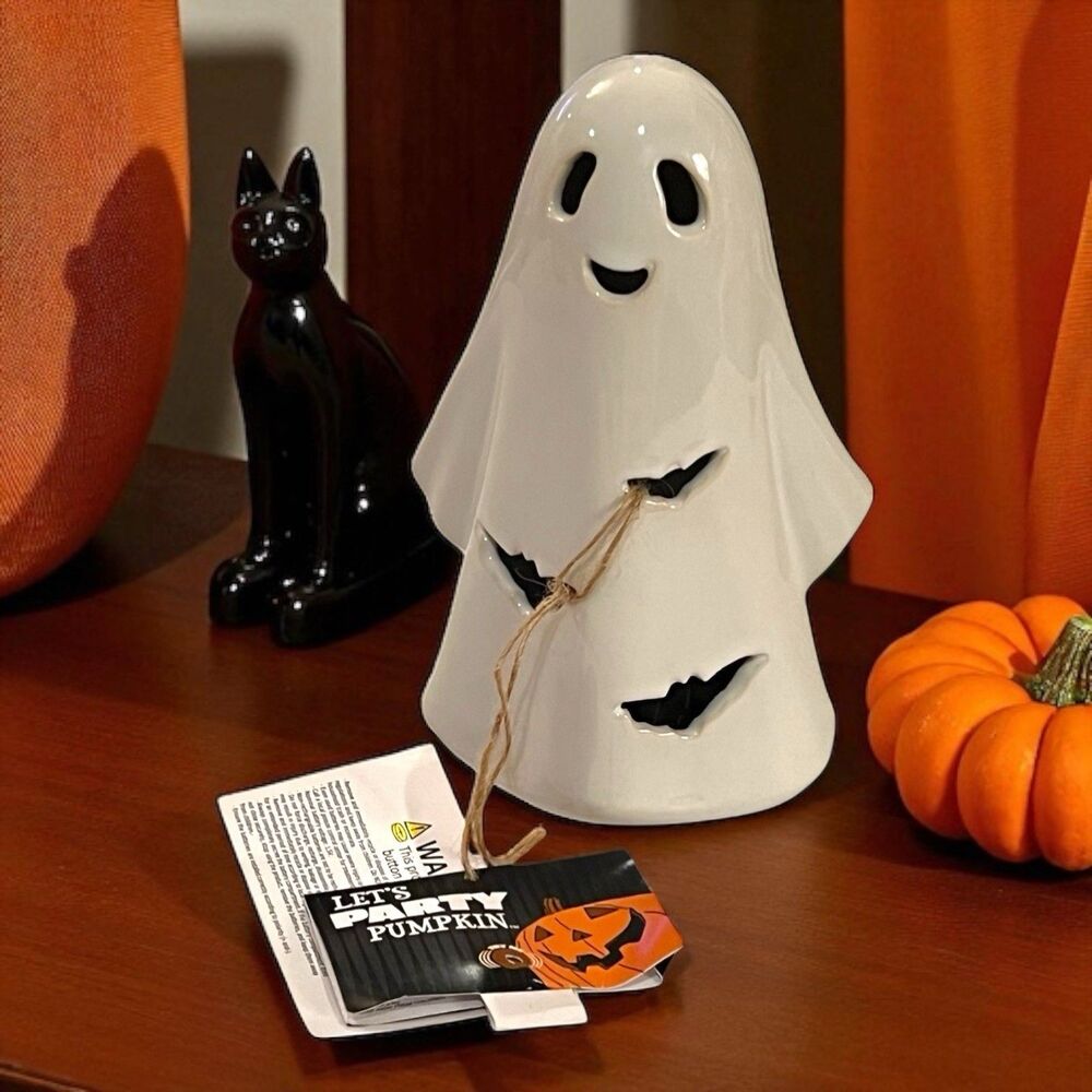 Halloween Ceramic Light-Up Friendly Ghost W Bat Cutouts Approx 7” New W Tags